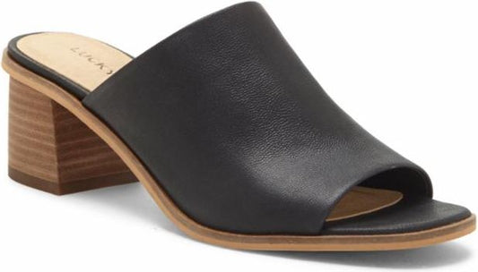 Black leather open-toe mule with a wooden block heel.