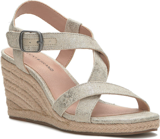 Womens gold color wedge sandal with jute wrapped heel and criss cross straps, with buckle closure.