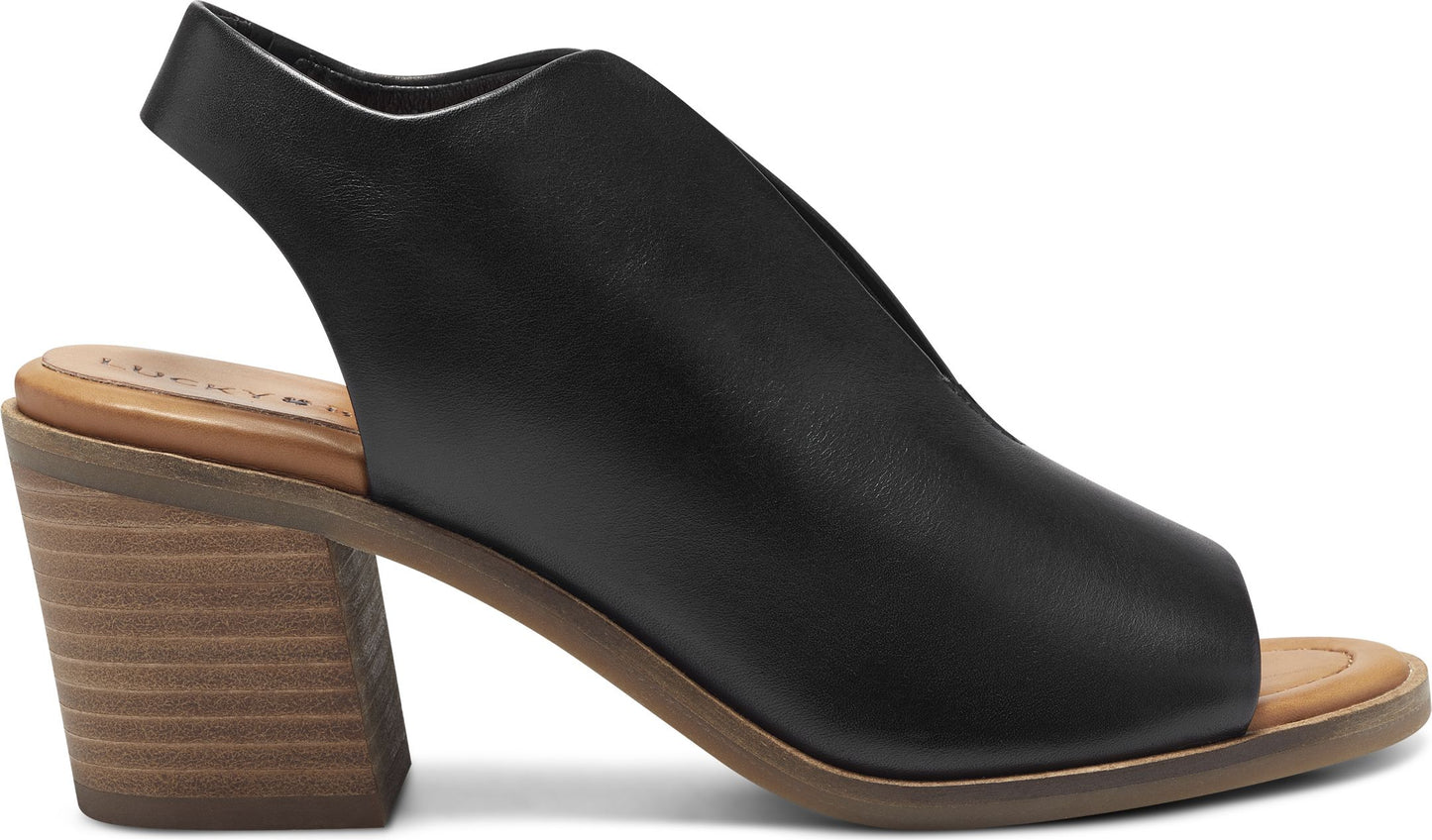 Black leather peep-toe heeled slingback with a wooden block heel.