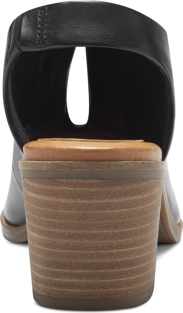 Black heeled shoe with cutout back and wooden heel.