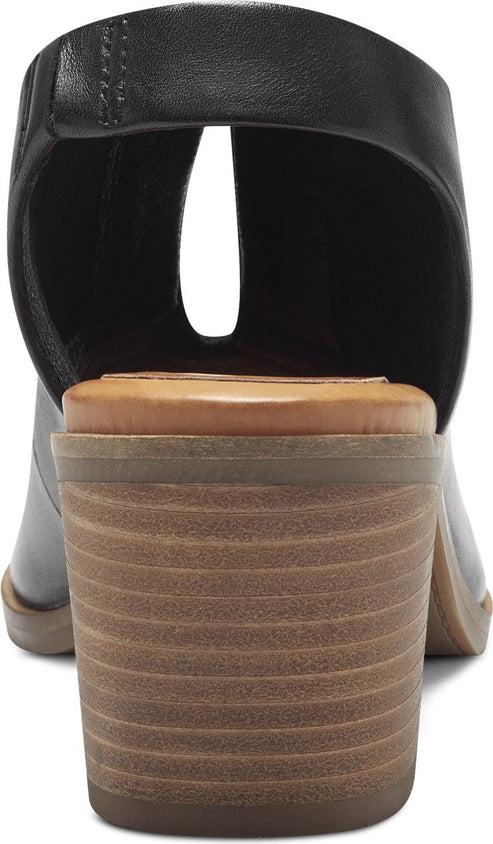 Black heeled shoe with cutout back and wooden heel.