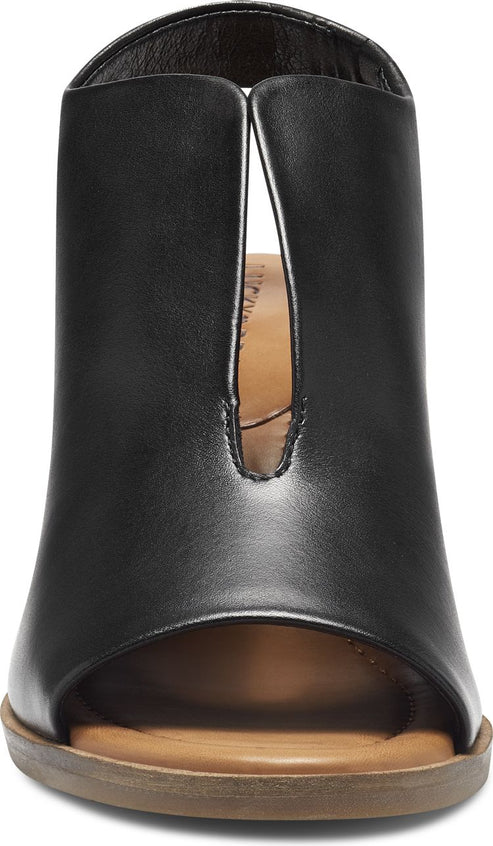 Black peep-toe bootie with front slit and stacked heel.