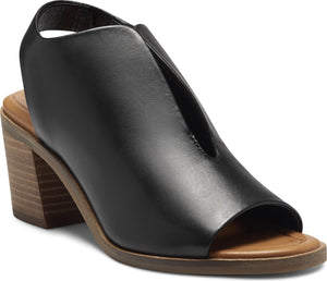 Black leather peep-toe sandal with block heel and slingback strap.