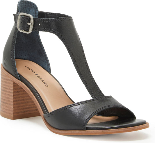 Black T-strap heeled sandal with buckled ankle strap and wooden block heel.
