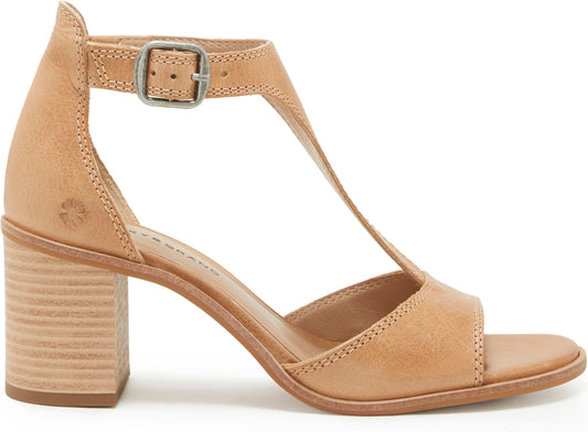 Tan leather T-strap heeled sandal with buckle closure.