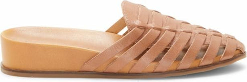 A tan leather woven sandal.