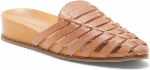 Tan leather mule with a woven pattern on the top.