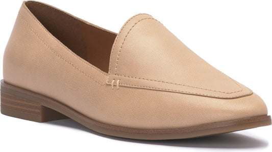 Tan leather loafer with low heel and tonal sole.