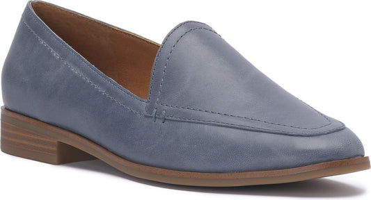 Blue leather loafer with low block heel.