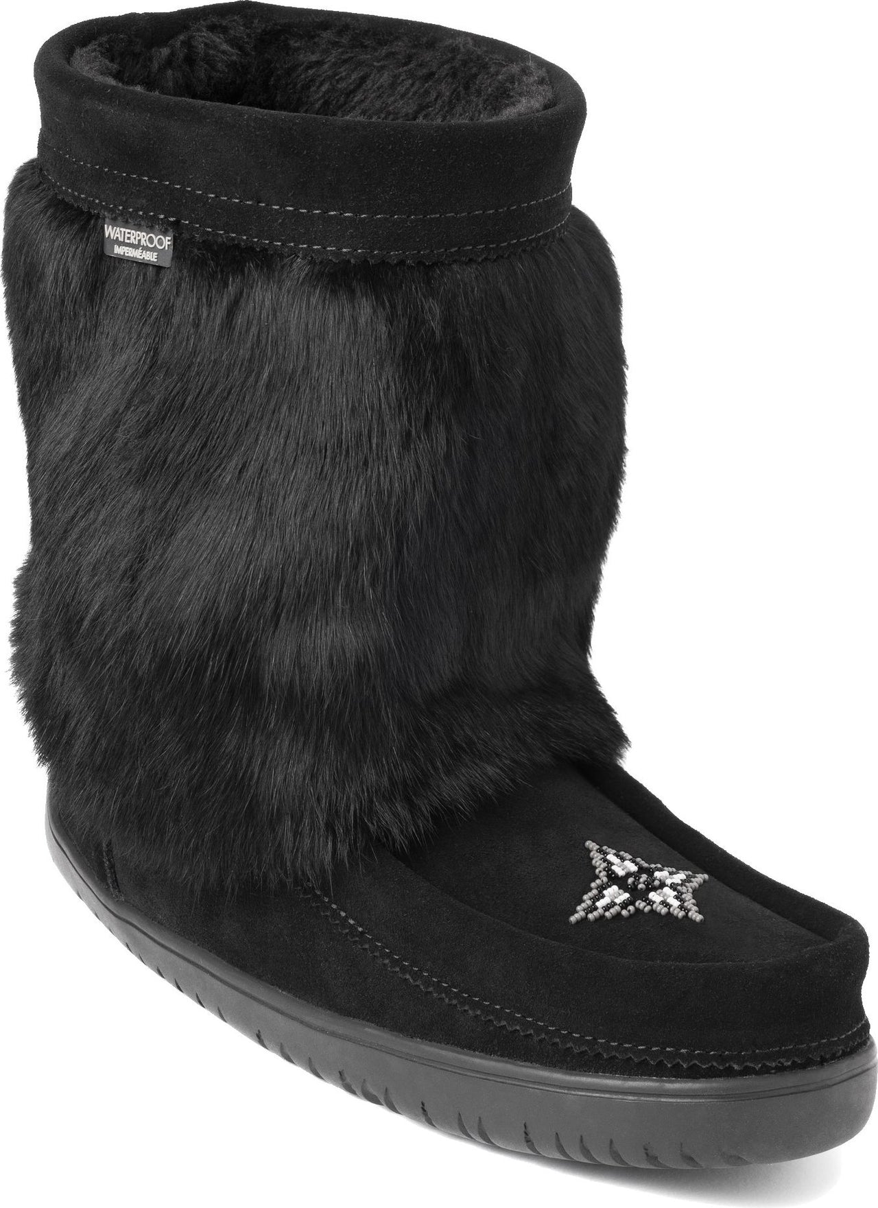 Black, waterproof, mid-calf, moccasin-style boot with fur trim.