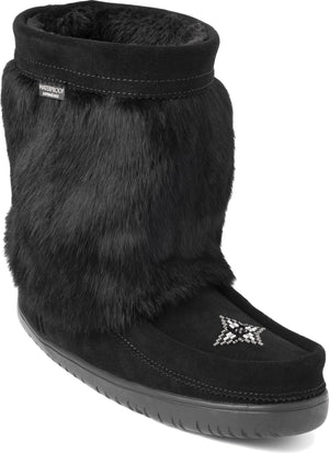Black, waterproof, mid-calf, moccasin-style boot with fur trim.