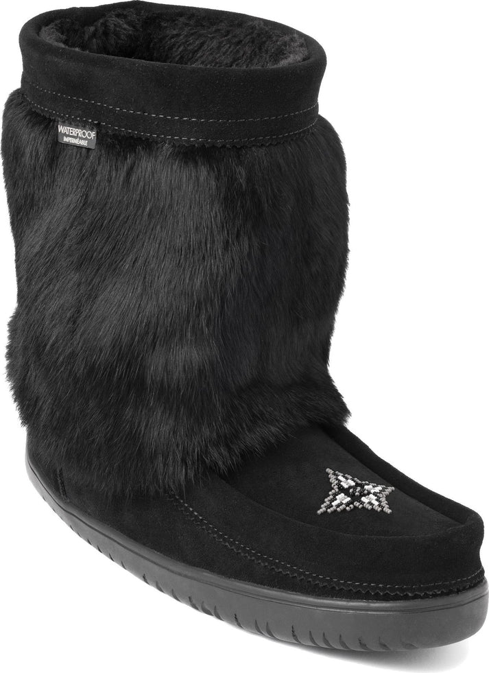 Black, waterproof, mid-calf, moccasin-style boot with fur trim.