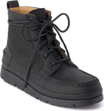 A mid-calf black leather boot with laces and a rubber sole.