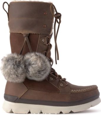 Brown tall boot with faux fur trim, lace-up closure, and decorative pom-poms.