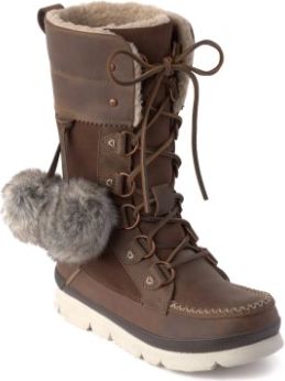 Brown tall boot with faux fur trim, lace-up closure, and decorative pom-poms.