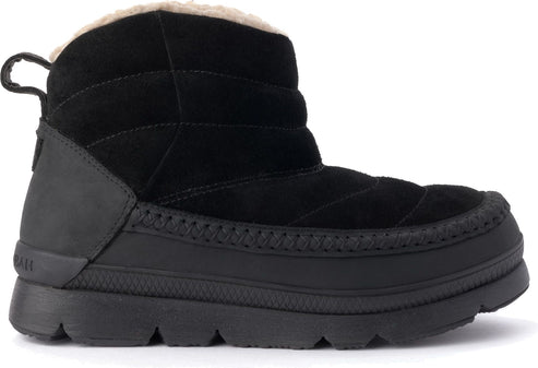 Black suede quilted ankle boot with a thick sole and fleece lining.