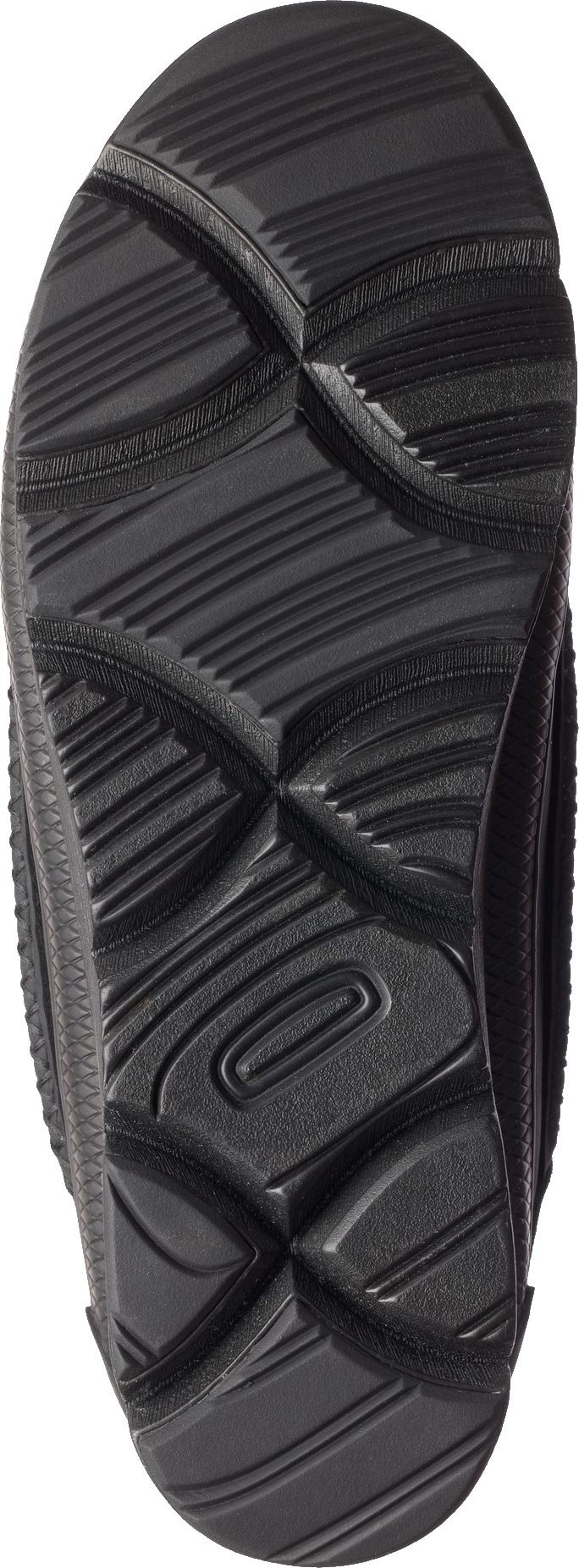 Close-up of the black textured sole of a shoe.