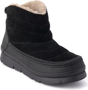 Black ankle boot with beige faux fur lining.