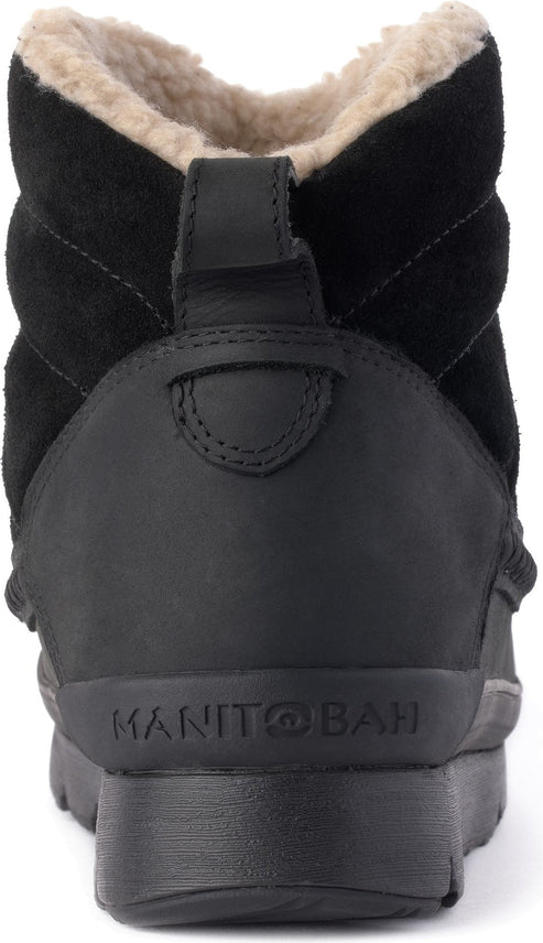 Rear view of a black ankle boot with faux fur trim and the text MANITOBAH.