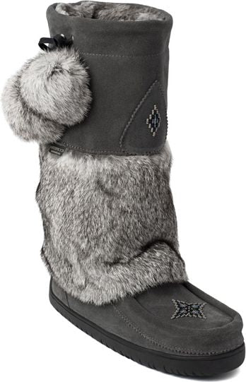 Gray suede boot with faux fur trim and pom poms.