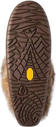 Bottom of slipper with brown rubber sole and Vibram logo.
