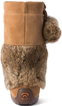 Tan boot with fur trim and pom-pom.