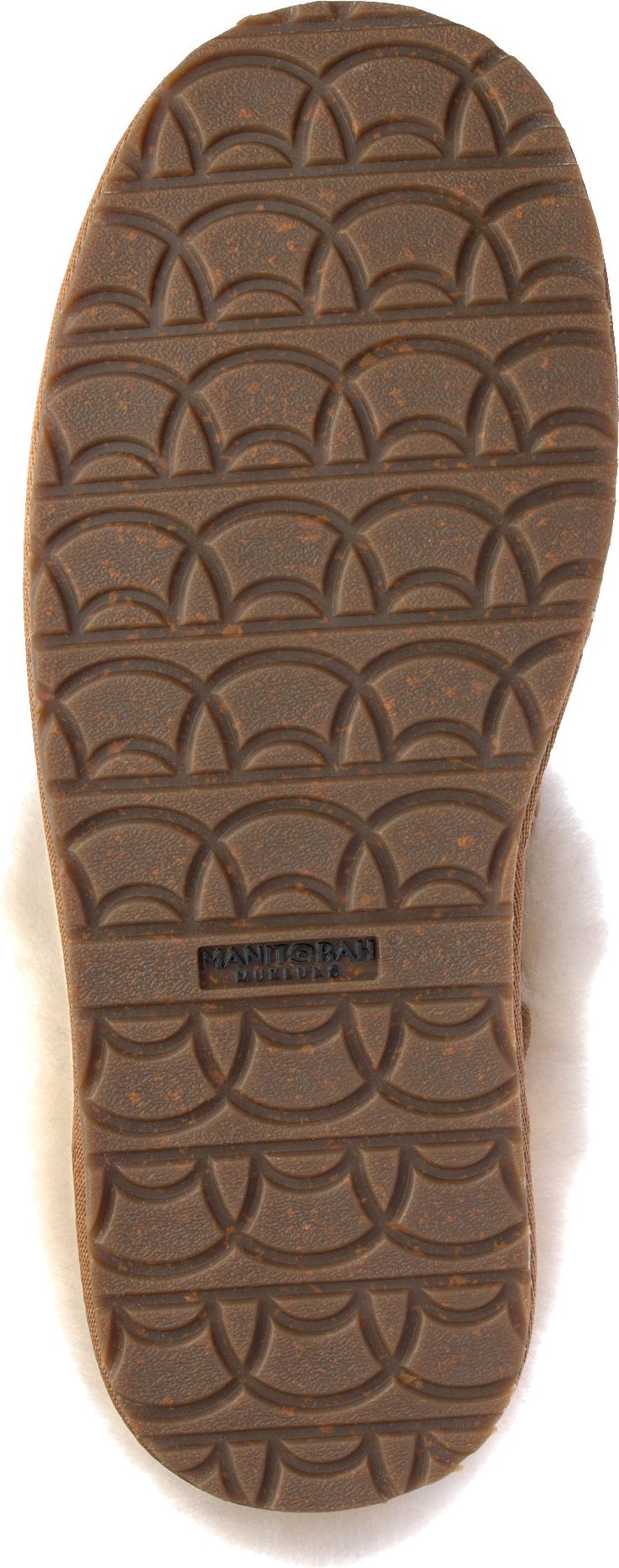Brown sole with semi-circular tread pattern and a rectangular logo.