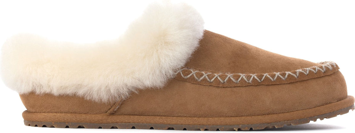 Tan suede slipper with a white sheepskin lining.