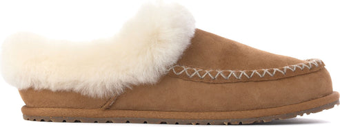 Tan suede slipper with a white sheepskin lining.