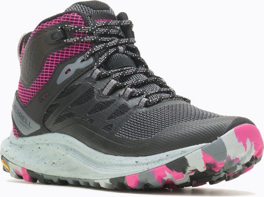 A hiking boot with a black mesh upper, pink and gray accents, and speckled laces.
