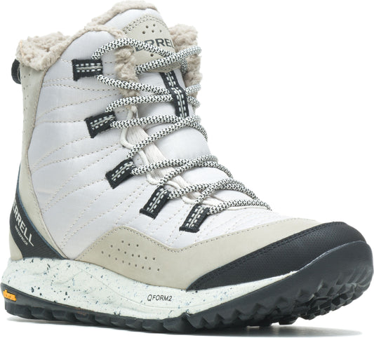 A white quilted boot with faux fur lining and black and white laces.