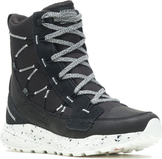 Black high-top boot with gray laces and a white speckled sole.