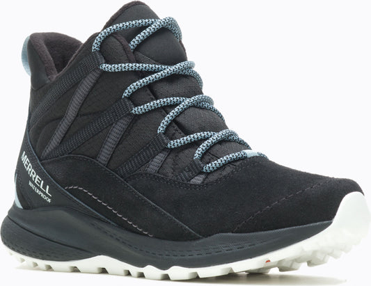 A black hiking boot with light blue and white laces has waterproof printed on the side.