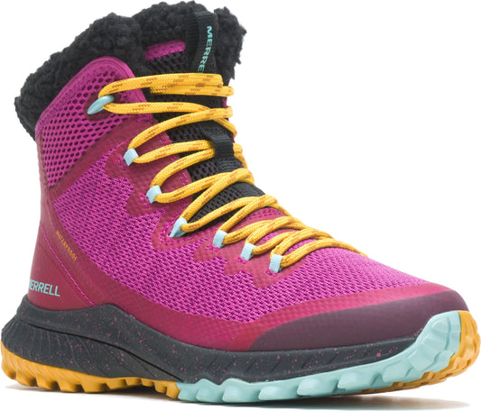 Pink and black high top shoe with yellow and light blue laces, black faux fur around the top, and a black sole with pink, yellow and light blue accents.