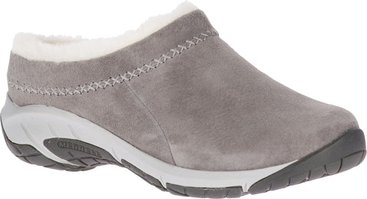 Gray suede clog with white fuzzy lining.