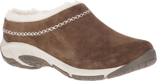 A brown slip-on shoe with white faux fur trim and decorative stitching along the top.
