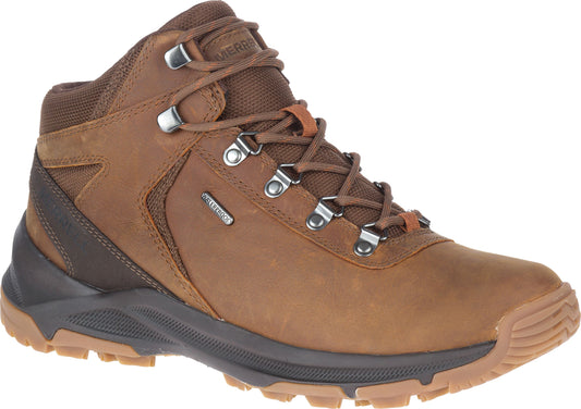 Brown leather hiking boot with dark brown accents, lace-up closure, metal eyelets, and lug sole.