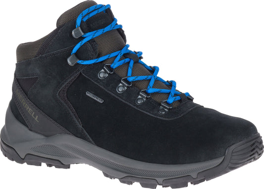 Black, ankle-high hiking boot with blue laces, gray sole, and "WATERPROOF" mark on its side.