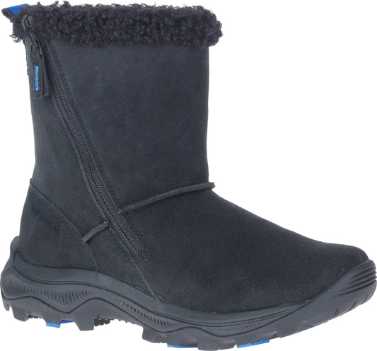 Black ankle boot with fuzzy trim and side zipper.