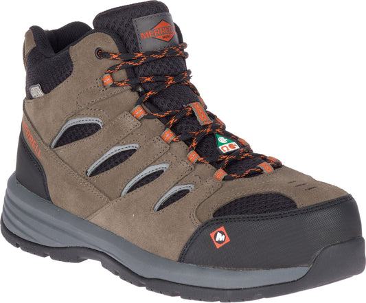 Tan, black and orange high top work boot with gray sole and orange shoelaces.