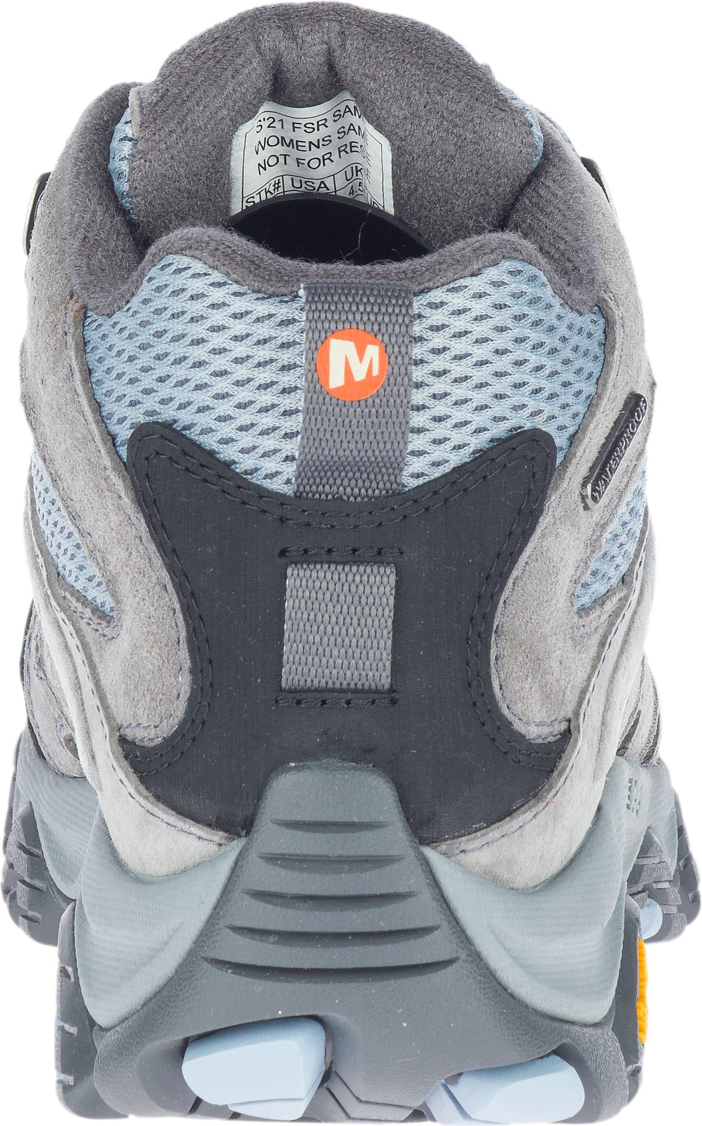 Back view of gray hiking boot with blue mesh, gray suede, and a logo with an orange "M".