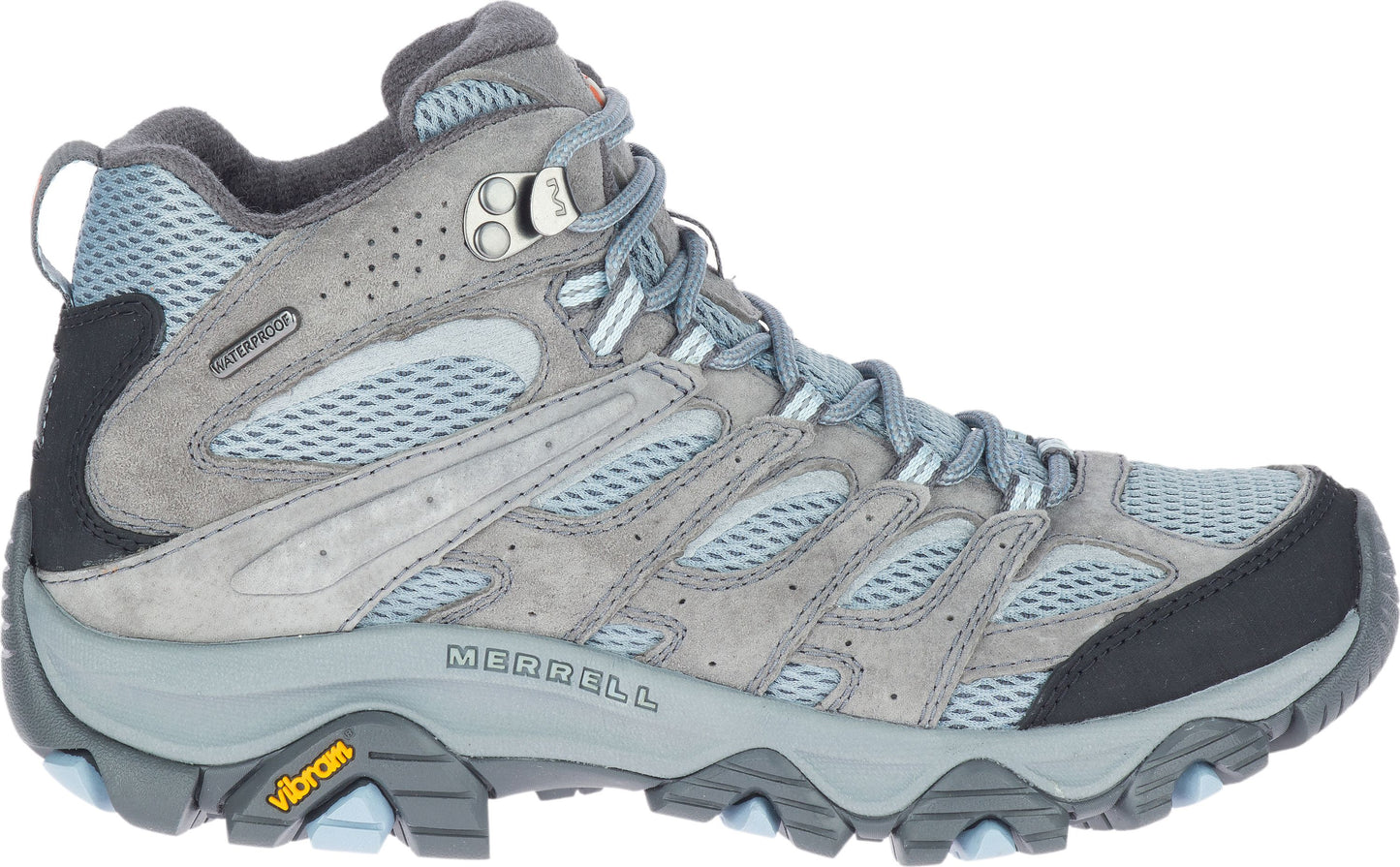 Gray hiking boot with blue trim and a Vibram sole.