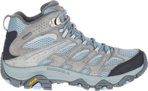 Gray hiking boot with blue trim and a Vibram sole.
