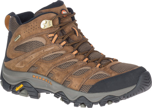 Brown hiking boot with orange laces, black trim, mesh panels, and a ridged sole.