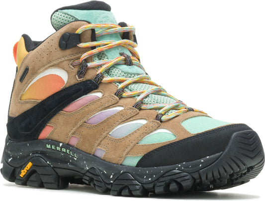 A high-top hiking shoe with a speckled black sole, a tan body with black accents, colorful swirls near the heel, and light green mesh near the laces.