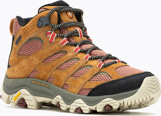 Tan suede leather upper hiking boot with lace-up closure, black toe cap, and textured off-white rubber sole.