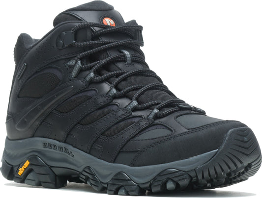Black leather hiking boot with high ankle support, lace-up closure, and a thick, lugged sole.