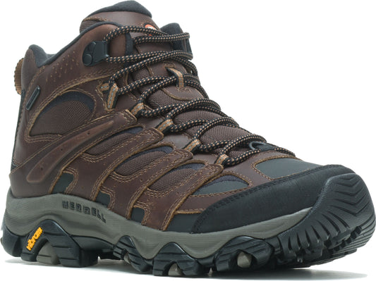 Brown leather hiking boot with black sole and laces, ankle height.