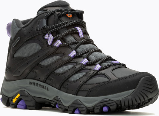 Black and gray high-top hiking boot with purple details and laces, and a vibram sole