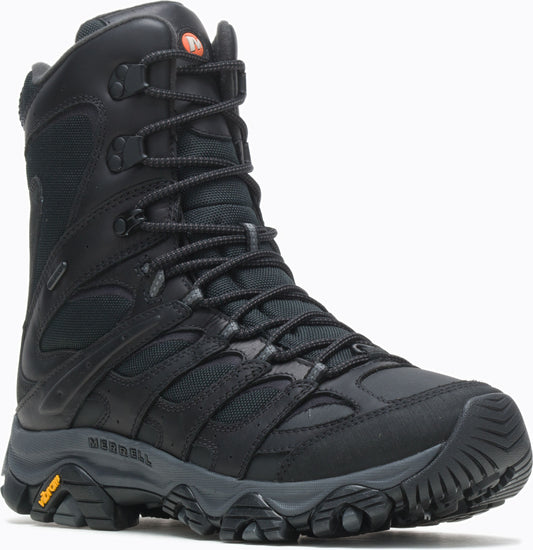 Black high-top hiking boot with lace-up closure and lugged sole.